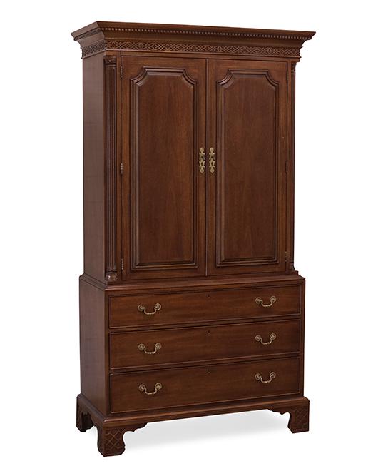 A Hendredon 'Natchez' Entertainment Cabinet.: A Hendredon 'Natchez' Entertainment Cabinet. Mahogany veneer cabinet with three drawers beneath. With key 81" x 43 1/2" x 21"