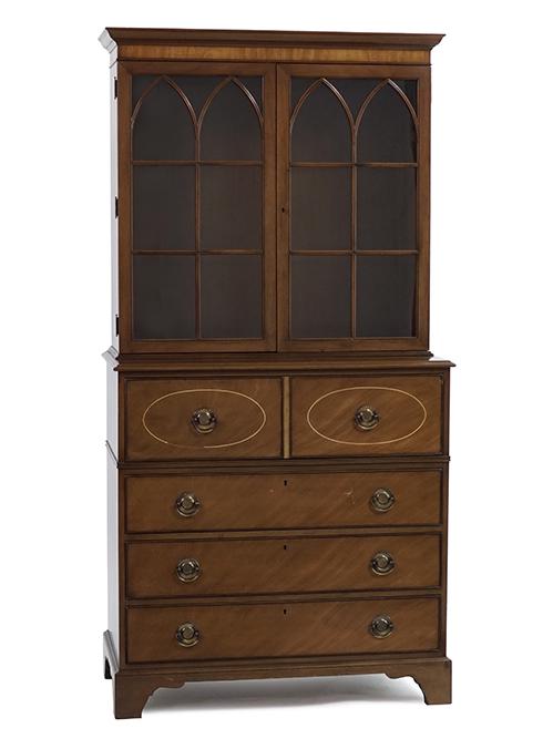 A Kittinger Secretary Bookcase.: A Kittinger Secretary Bookcase. Fall front secretary with three drawers beneath and a two-door cabinet above 78 1/2" x 39 1/2" x 21"