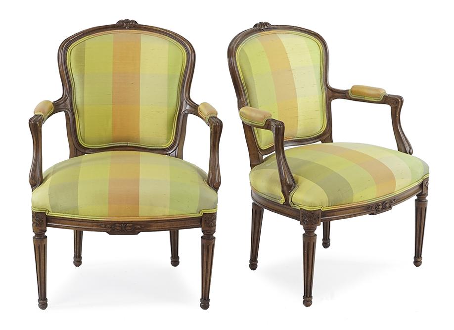 A Pair of Louis XVI Style Open Armchairs.: A Pair of Louis XVI Style Open Armchairs. Walnut frames with plaid upholstery Back height: 33 1/2"