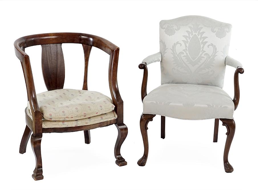 A Hickory Chair Company Open Armchair.: A Hickory Chair Company Open Armchair. Mahogany frame with grey damask style upholstery. Together with an Empire mahogany barrel back chair (31 1/2" x 25" x 22") Hickory chair: 35" x 27" x 23"