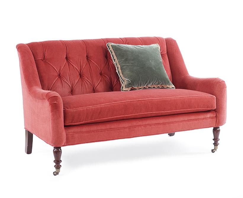 A Mohair Upholstered Settee.: A Mohair Upholstered Settee. Single cushion tufted settee bearing casters on the front legs. Together with a velvet throw pillow 36" x 61" x 34"