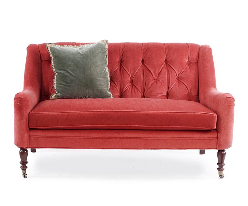 A Mohair Upholstered Settee.: A Mohair Upholstered Settee. Single cushion tufted settee bearing casters on the front legs. Together with a velvet throw pillow 36" x 61" x 34"