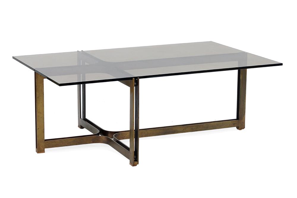 A Roger Sprunger for Dunbar Cocktail Table.: A Roger Sprunger for Dunbar Cocktail Table. Bronze table base with rosewood tipped feet and a smoked glass top. Together with two additional smoked glass tops, one measuring 45" x 28" and the other me