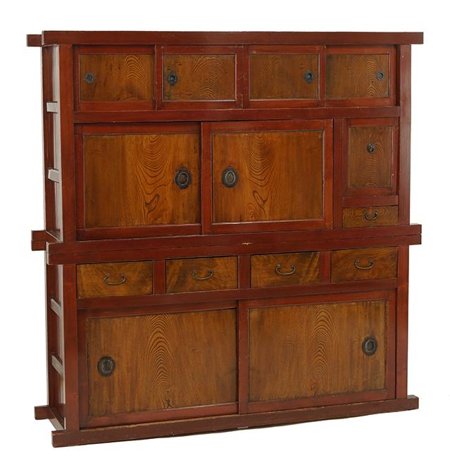A Japanese Tansu Cabinet.: A Japanese Tansu Cabinet. Two-piece cabinet featuring a multitude of drawers and cabinets. 68" x 67" x 23"