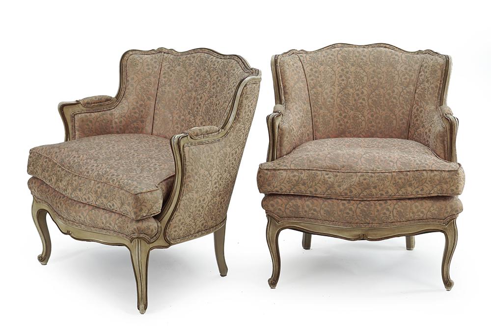 A Pair of Louis XV Style Bergeres.: A Pair of Louis XV Style Bergeres. Fortuny upholstery 30" x 27" x 24" Seat height: 18"