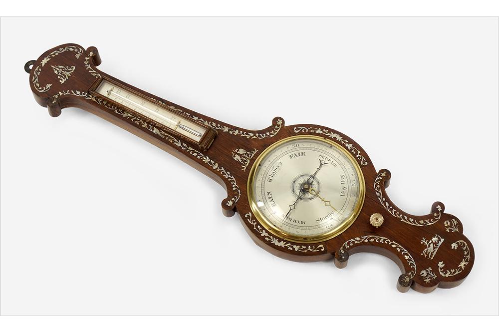 English Mahogany and Inlaid Mother of Pearl Barometer.: English Mahogany and Inlaid Mother of Pearl Barometer. 19th century 36"