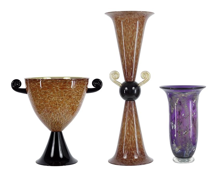 Michael Cohn & Molly Stone (Contemporary) A Vase and: Michael Cohn & Molly Stone (Contemporary) A Vase and Urn. Comprising a black and mottled orange glass double handled urn (17 1/4" x 18 1/2" x 10") and double sided vase (height: 30"). Both are signed