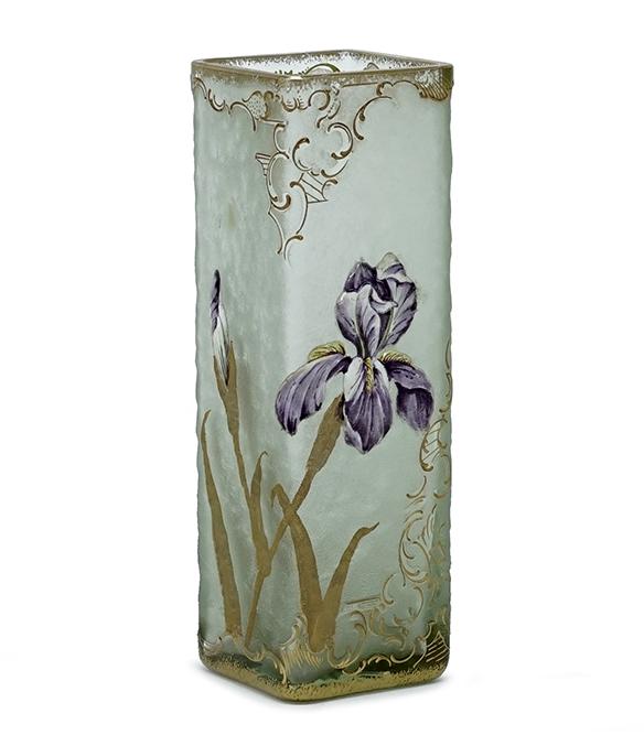 A Daum Nancy Vase.: A Daum Nancy Vase. Enameled and gilt square glass vase with iris blossom decoration. Unsigned 6 3/4" x 2 1/8" x 2 1/8"