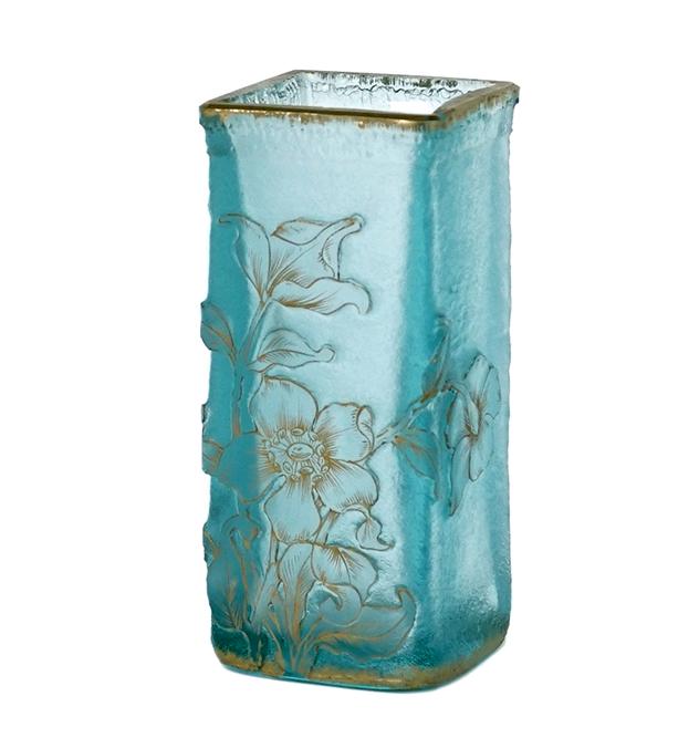 A Daum Nancy Vase.: A Daum Nancy Vase. Blue cased square glass vase with gilt floral decoration. Signed "Daum Nancy" with Cross of Lorraine 4 3/4" x 2" x 2"