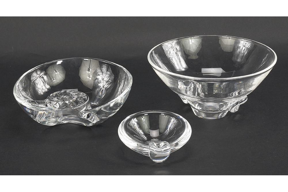 A Steuben Glass Nautilus Bowl.: A Steuben Glass Nautilus Bowl. With Steuben box. Together with a Steuben glass bowl (3 1/2" x 7") and ashtray Nautilus bowl: 2 1/4" x 6 1/2"