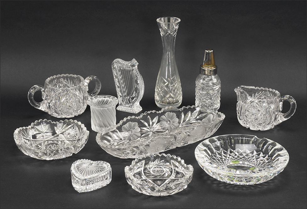 A Collection of Waterford Crystal.: A Collection of Waterford Crystal. Comprising a harp, a heart box, a bottle, a vase and a cigar ashtray. Together with a Lalique 'Smyrne" cup and an assortment of brilliant glass table articles Waterf