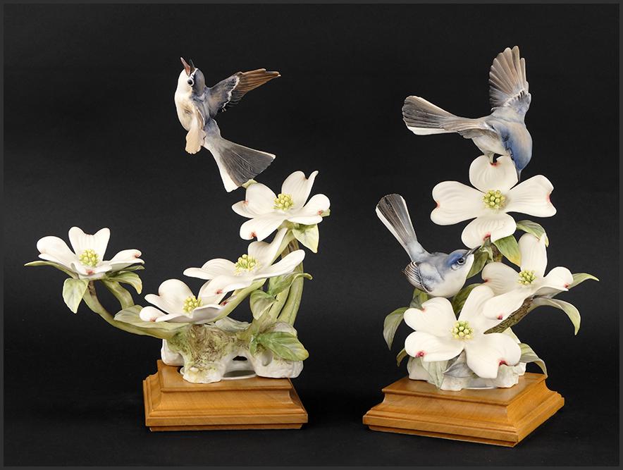 A Pair of Royal Worcester Dorothy Doughty Birds,: A Pair of Royal Worcester Dorothy Doughty Birds, Blue-Grey Gnatcatchers & Dogwood. 10 1/2"