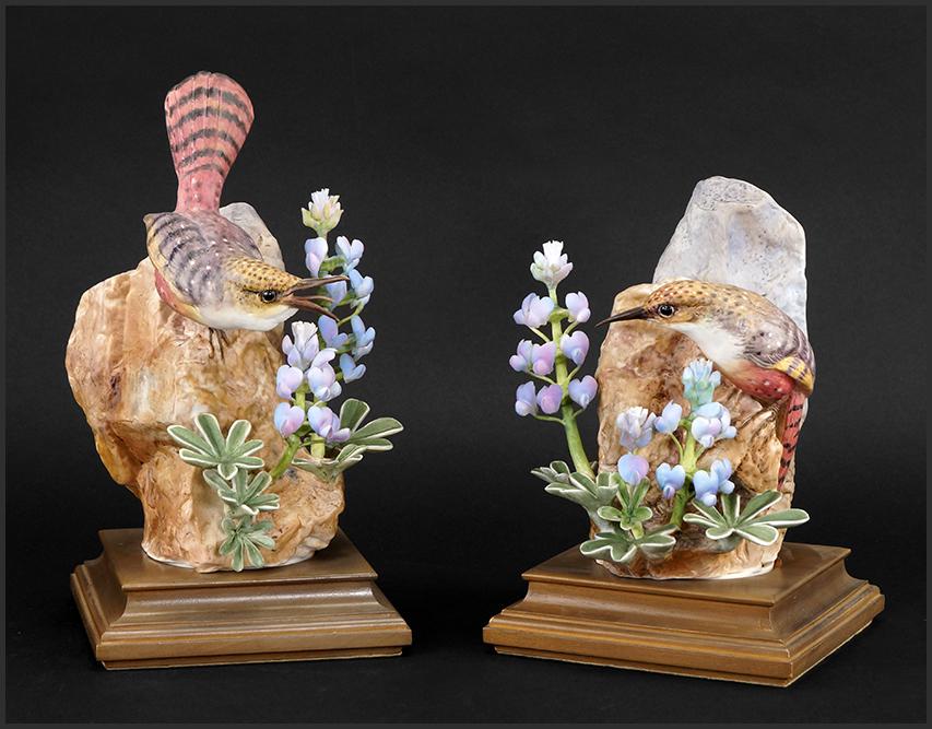 A Pair of Royal Worcester Dorothy Doughty Birds, Canyon: A Pair of Royal Worcester Dorothy Doughty Birds, Canyon Wrens and Wild Lupine. 8 3/4"
