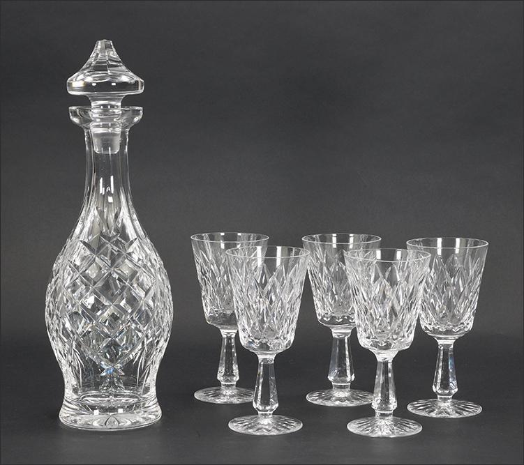 Waterford Donegal Decanter and Stopper.: Waterford Donegal Decanter and Stopper. Together with five Waterford Kinsale claret wine glasses Decanter: 13"