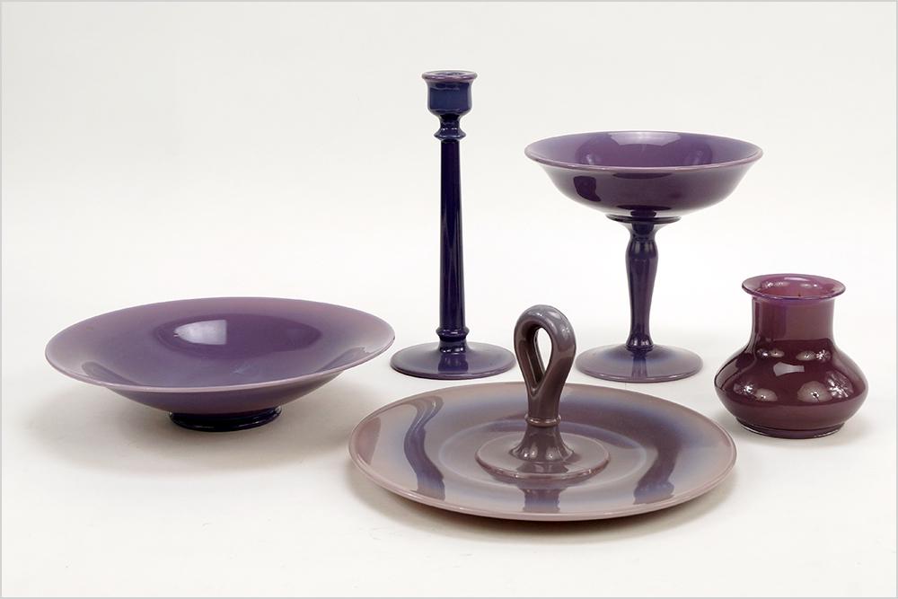 A Collection of Cambridge Heliotrope Lavender: A Collection of Cambridge Heliotrope Lavender Glassware. Consisting of five pieces of the Cambridge Heliotrope glassware, a compote, a vase, a tidbit tray, a candlestick and a bowl Tidbit tray diamete