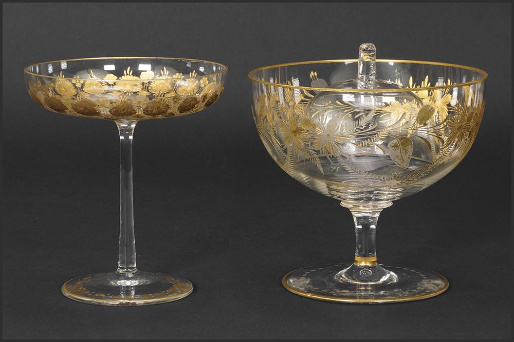 A Four-Piece Gilt and Etched Glass Dessert Service.: A Four-Piece Gilt and Etched Glass Dessert Service. Comprising four large footed bowls with gilt rimmed glass dome inserts. Together with a pair of corresponding champagne goblets Bowls: 5" x 5 1/4"