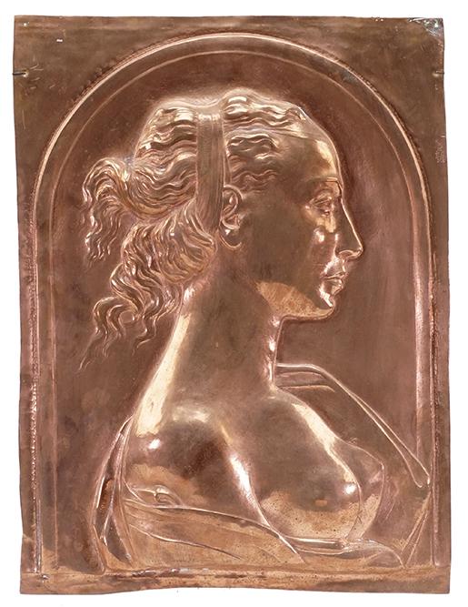 AFTER ANDREA DEL VERROCCHIO (ITALIAN, 1435-1488): PORTRAIT OF A WOMAN IN PROFILE. Copper relief plaque, from Gene Segal Antique 19 1/2" x 14 1/2"