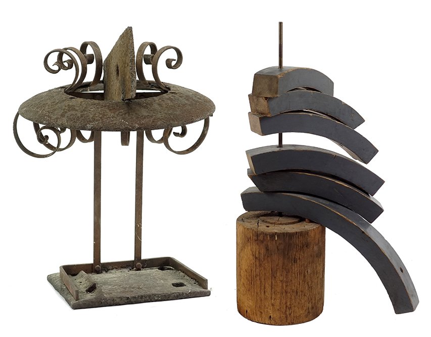 MICHAEL THOMPSON (AMERICAN, 20TH CENTURY): TWO 'FOUND ART' SCULPTURES.Including a two-piece metal sculpture using railroad and other parts, and a wood and metal sculpture. Overall height: 17"