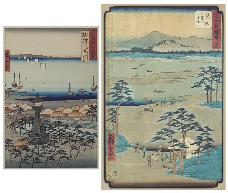 Ando Hiroshige (Japanese, 1797-1858) Sumiyoshi in: Ando Hiroshige (Japanese, 1797-1858) Sumiyoshi in Settsu Province. Color woodblock print. Together with another Japanese color woodblock print Hiroshige sight: 10 1/2" x 7" Frame: 17" x 13"