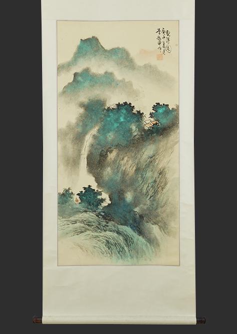 A Chinese Scroll.: A Chinese Scroll. Ink and watercolor, bearing an inscription and chop upper right 46" x 23" Overall: 74" x 29"