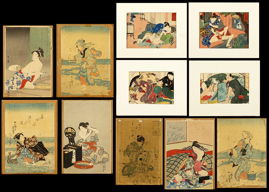 A Collection of Japanese Prints.: A Collection of Japanese Prints. Color woodcuts, including four Shunga prints, two attributed to Kuniyoshi, and other (mostly damaged) other prints, unframed Shunga: 7 1/4" x 10"