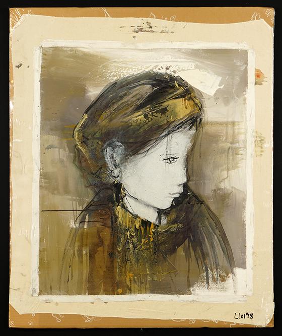Gino Hollander (American, 1924-2015) Girl in Profile.: Gino Hollander (American, 1924-2015) Girl in Profile. Acrylic on unstretched canvas, unsigned, unframed 32 1/2" x 27 1/2"