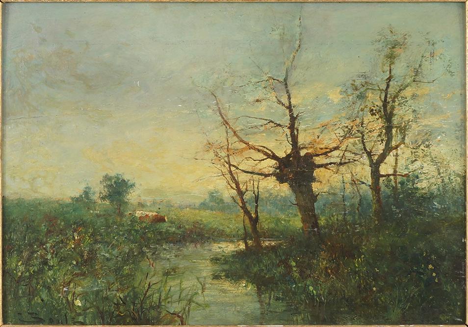 George A. Boyle (British, 1842-1930) Landscape with: George A. Boyle (British, 1842-1930) Landscape with Stream and Cow. Oil on panel, signed lower left 9 3/4" x 14" Frame: 15" x 19"