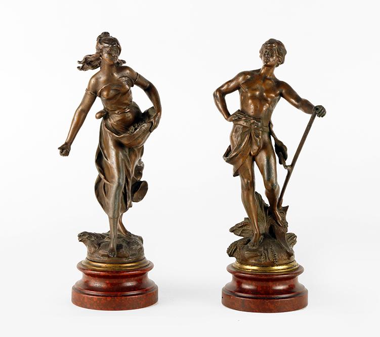 After Auguste Moreau (French, 1834-1917) 'A Sower' and: After Auguste Moreau (French, 1834-1917) 'A Sower' and 'A Reaper'. A pair of patinated metal sculptures, each inscribed 'Aug. Moreau' on the base, each set on a wooden base Bronze height: 12 1/2" Over