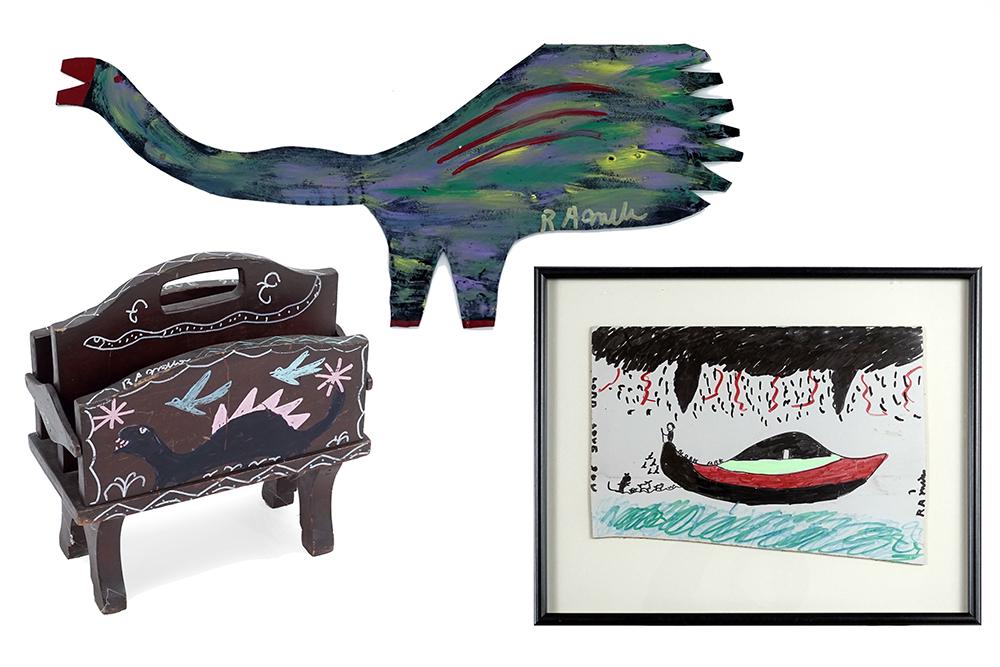 Reuben Aaron Miller (American, 1912-2006) Three Works.: Reuben Aaron Miller (American, 1912-2006) Three Works. Comprising a painted wood canterbury, a painted metal bird and a mixed media on board (board: 11" x 17" frame: 18 1/2" x 22 1/2"). All three piec