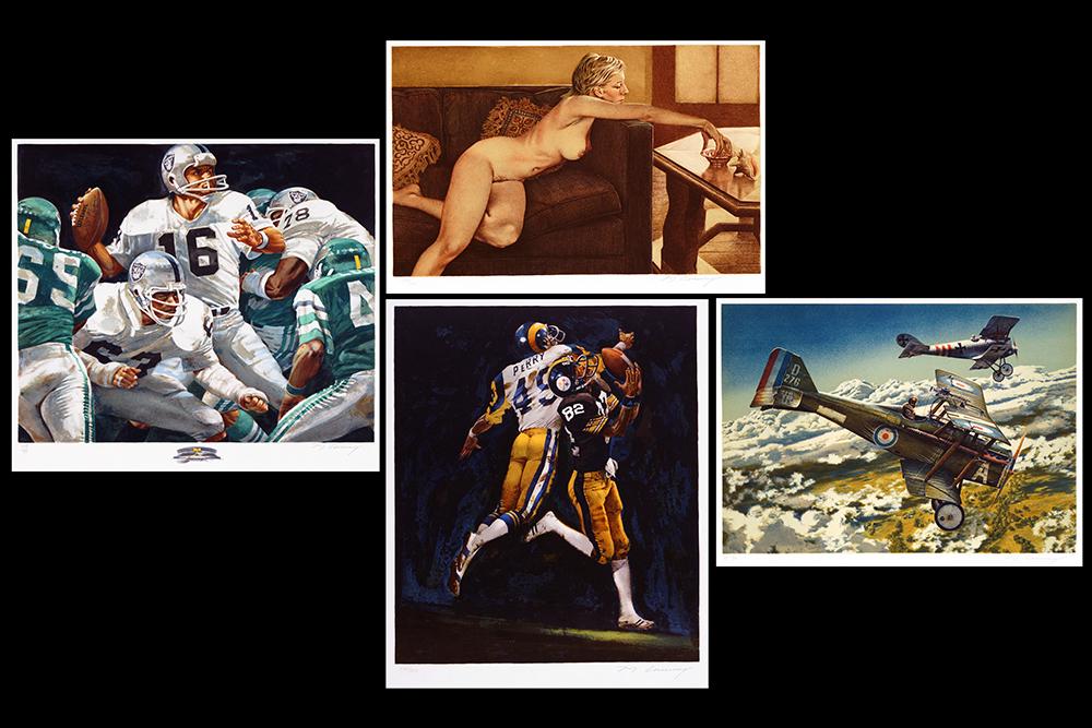 Mervin Corning (American, 1926-2006) Four Color: Mervin Corning (American, 1926-2006) Four Color Lithographs. Subjects include a nude, two airplanes, and football, each pencil signed lower right and numbered from editions of 300 or 950, unframed Lar