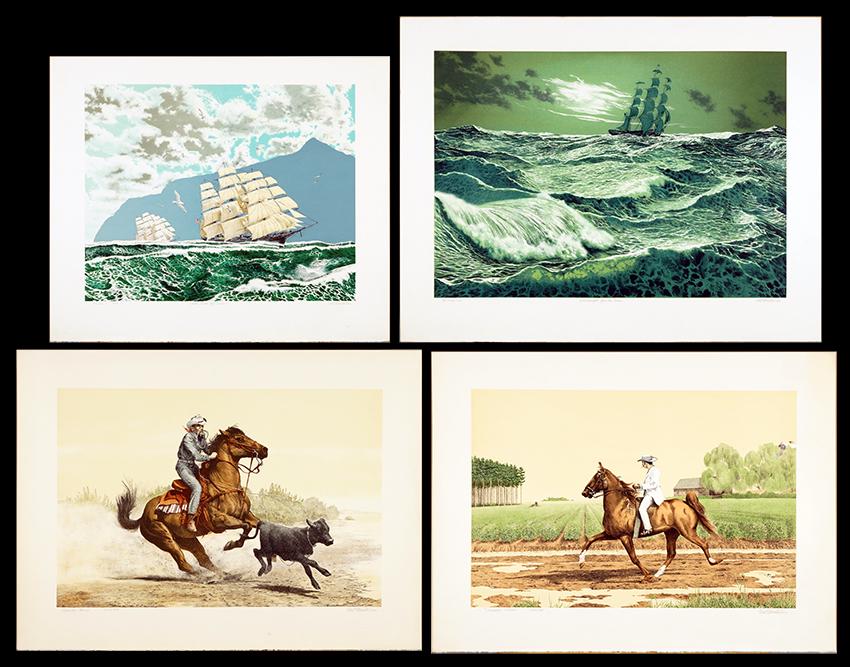 Mel Hunter (American, 1927-2004) Four Color: Mel Hunter (American, 1927-2004) Four Color Lithographs. Subjects include two horses and two sailing ships, each pencil signed lower right and numbered from editions of 300 or 500, unframed Largest: 1