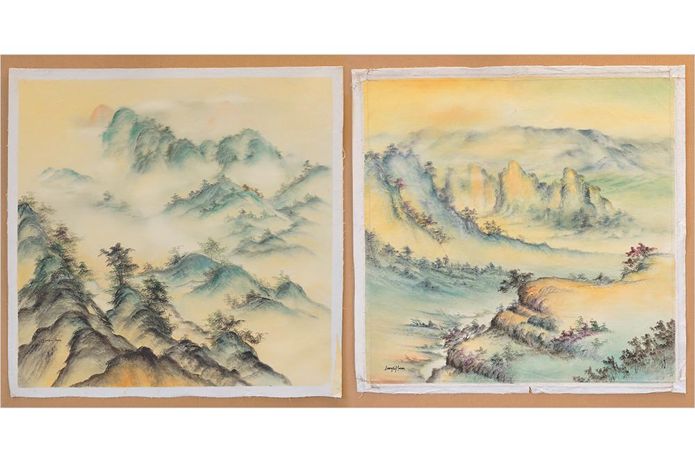Sonia Gil Torres (American, B. 1936) Misty Mountains.: Sonia Gil Torres (American, B. 1936) Misty Mountains. Two oils on unstretched canvas, each signed lower left, unframed Each: 36 1/2" x 36 1/2"