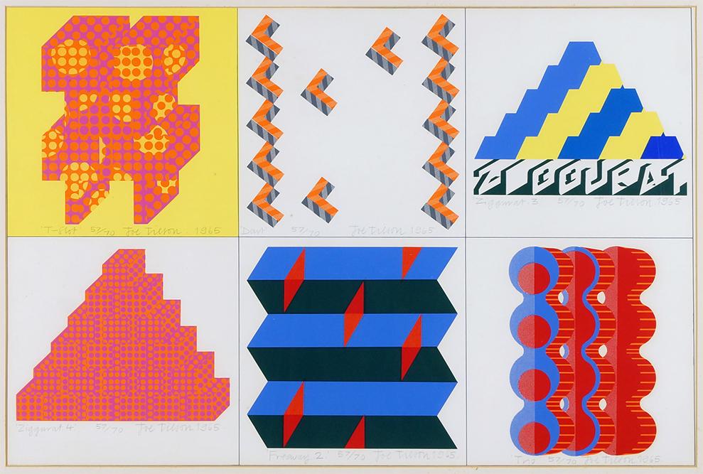 Joe Tilson (British, B. 1928) Six Small Prints.: Joe Tilson (British, B. 1928) Six Small Prints. Color serigraph, six compositions on one sheet, each image pencil signed, dated 1965, titled, and numbered 57/70 22" x 32 3/4" Frame: 31 1/4" x 41 1/4"