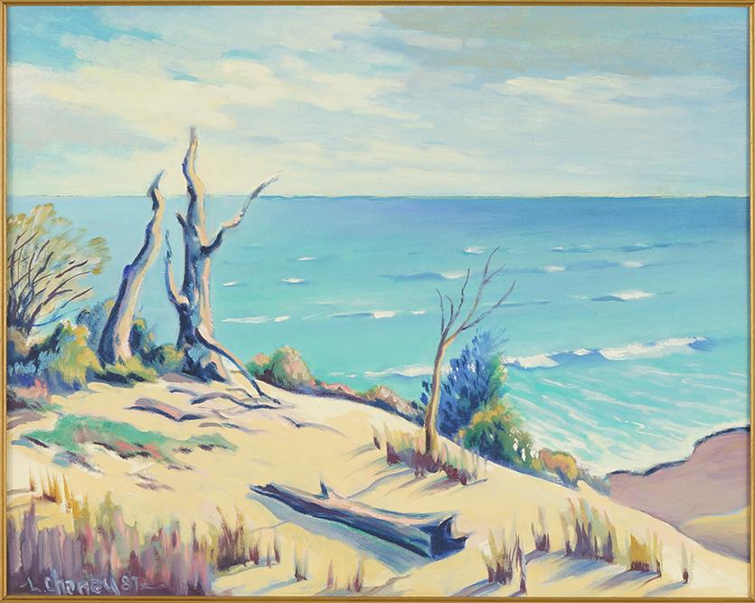 Lester Chaney (American, 1907-1998) Dune Top.: Lester Chaney (American, 1907-1998) Dune Top. Oil on canvasboard, signed lower left and dated '87, titled en verso 16" x 20" Frame: 23 3/4" x 27 1/2"
