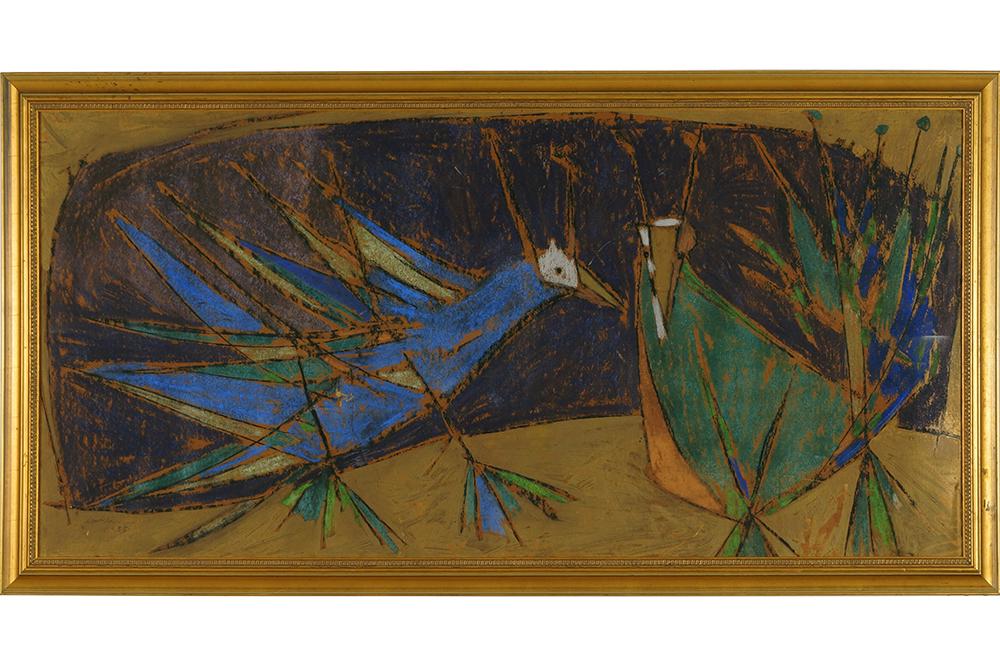 Norman Laliberte (Canadian, B. 1925) Two Birds.: Norman Laliberte (Canadian, B. 1925) Two Birds. Pastel and metallic paint on board, signed lower left and dated 1955. Exhibited: Midwest Museum of American Art, Elkhart, IN, 'Norman Laliberte: An Arti