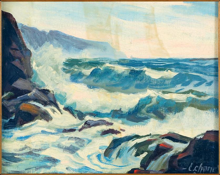 Lester Chaney (American, 1907-1998) Bar Harbor Area.: Lester Chaney (American, 1907-1998) Bar Harbor Area. Oil on canvasboard, signed lower right and dated '80, titled en verso 8" x 10" Frame: 15" x 17"