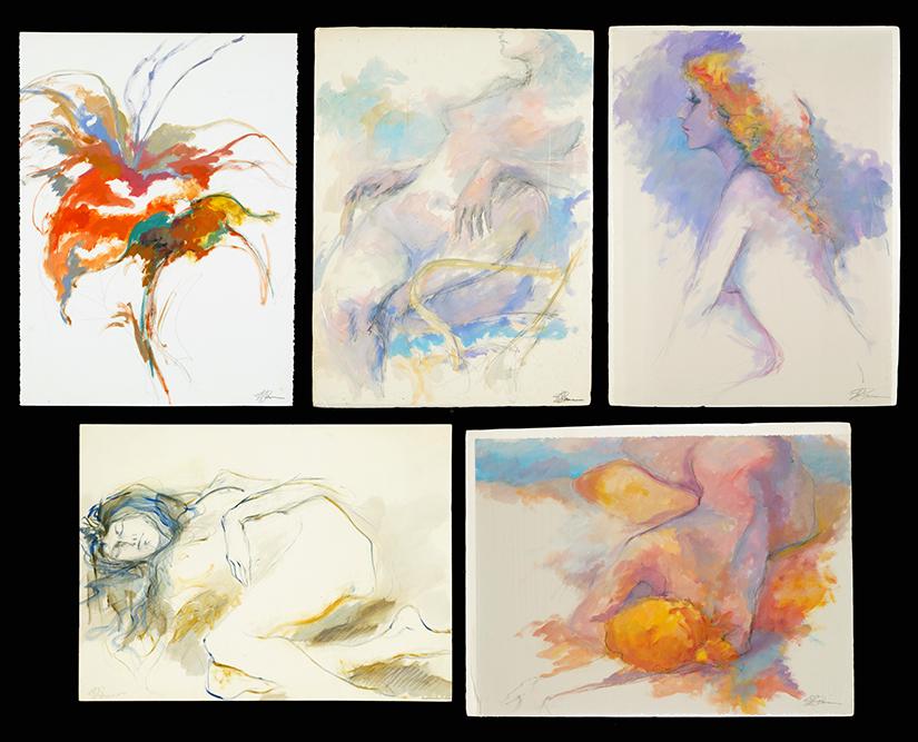 Edwin Rosen (American, 20th Century) Five Watercolors.: Edwin Rosen (American, 20th Century) Five Watercolors. Including four 'Reclining Nudes' and one 'Flower Study', each signed lower right, unframed Each: 30" x 22 1/4"