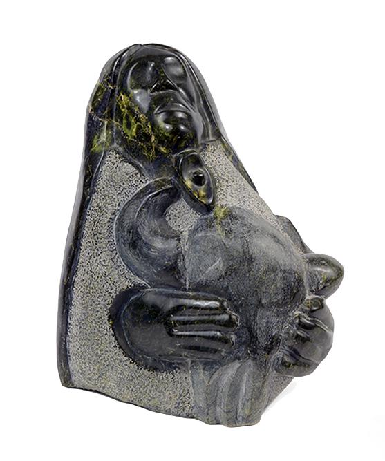Alvin L. Cox (Redwolf) (1944-1999) Where Have They: Alvin L. Cox (Redwolf) (1944-1999) Where Have They Gone. Carved serpentine sculpture depicting a male figure holding a skull. Signed "Al Cox" along the side 14 1/2" x 12" x 6"