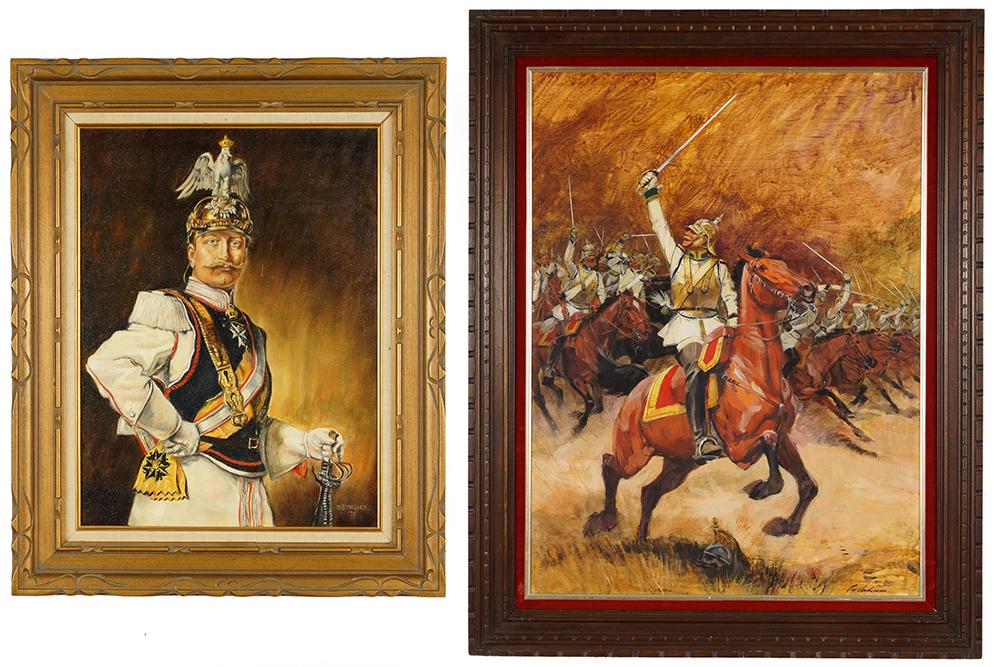 Roy Anderson (American, 20th Century) Calvary Charge.: Roy Anderson (American, 20th Century) Calvary Charge. Oil on masonite, signed lower right. Together with 'Prussian Officer' an oil on canvas, signed 'D. Schwartz '78' 32" x 24" Frame: 38" x 30 1/4"