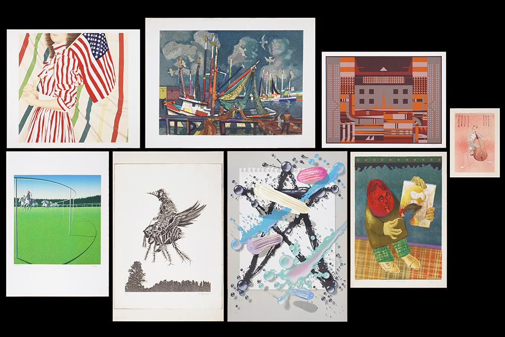 A Collection of 20th Century Prints.: A Collection of 20th Century Prints. Including color lithographs by Haim Kern, Anderson, and two artist unknowns, each pencil signed and one unsigned, color serigraphs by Millard Sheets, Rick Tunkel a