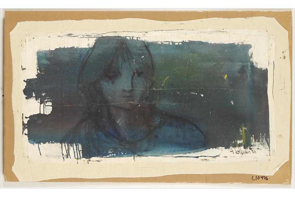 Gino Hollander (American, 1924-2015) Girl in Blue.: Gino Hollander (American, 1924-2015) Girl in Blue. Acrylic on unstretched canvas, signed lower right and dated '80, unframed 20" x 40 3/4"