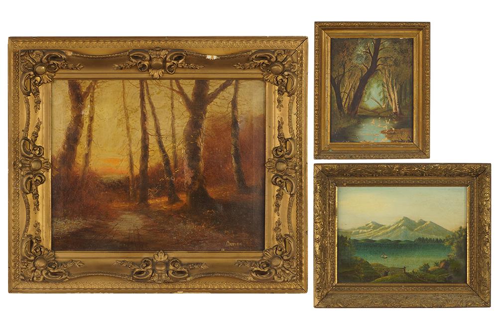 Davies (American, 19th/20th Century) Birches at Sunset.: Davies (American, 19th/20th Century) Birches at Sunset. Oil on canvas, signed lower right. Together with two other American landscape oils, unsigned 16" x 20" Frame: 23 1/4" x 27 1/4"