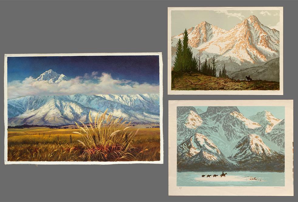 Segundo Huertas Aguiar (Argentinian, 1923-2010) Wheat: Segundo Huertas Aguiar (Argentinian, 1923-2010) Wheat Field. Acrylic on unstretched canvas, signed lower left, unframed. Together with 'Mountain Majesty' and 'Mountain Trail', two color lithographs by