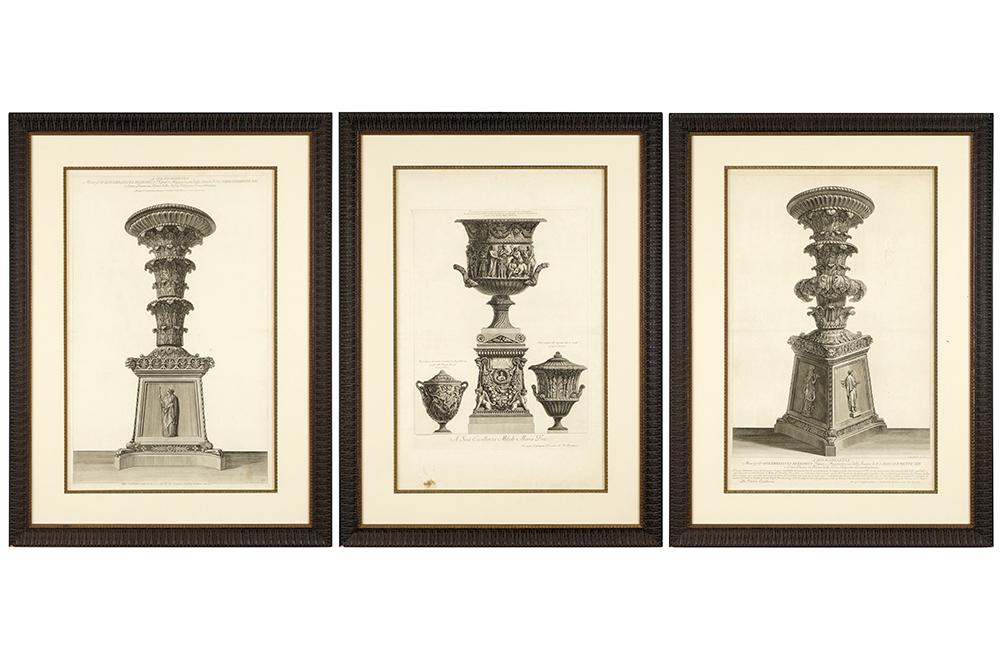 Giovanni Battista Piranesi (Italian, 1720-1778) From: Giovanni Battista Piranesi (Italian, 1720-1778) From 'Vasi, Candelabri, Cippi'. Three etchings, 1778, with watermark Fleur-de-lys in a double circle. Ref: Focillon 949, 950, and 951 Largest: 26 3/4" x