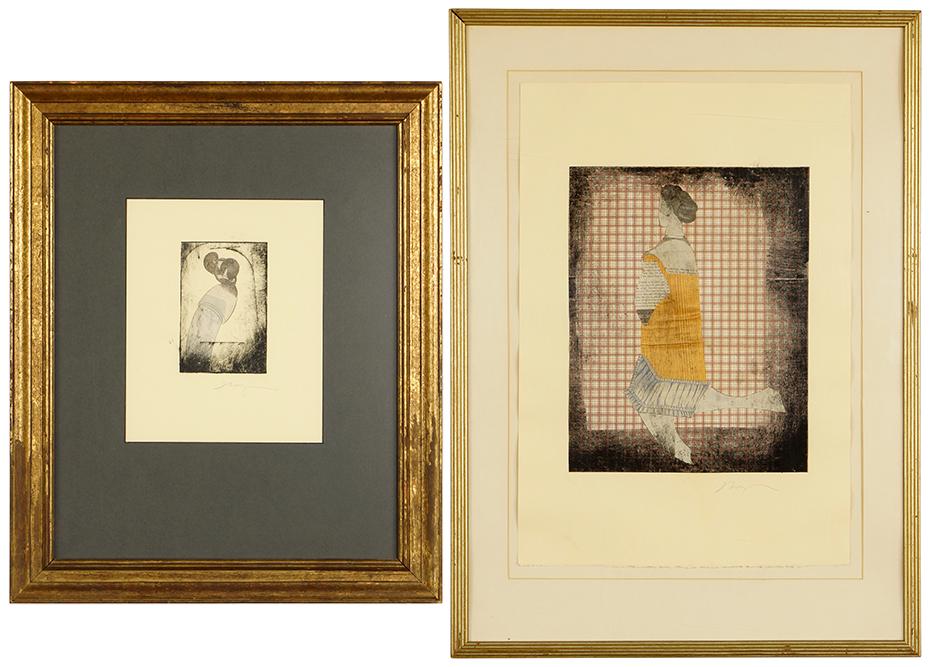 MICHAEL THOMPSON (AMERICAN, 20TH CENTURY) TWO WORKS.: Both monotypes with collage, pencil signed illegibly lower right, acquired directly from the artist Larger: 13 3/4" x 10 3/4" Frame: 29 1/4" x 21 1/4"