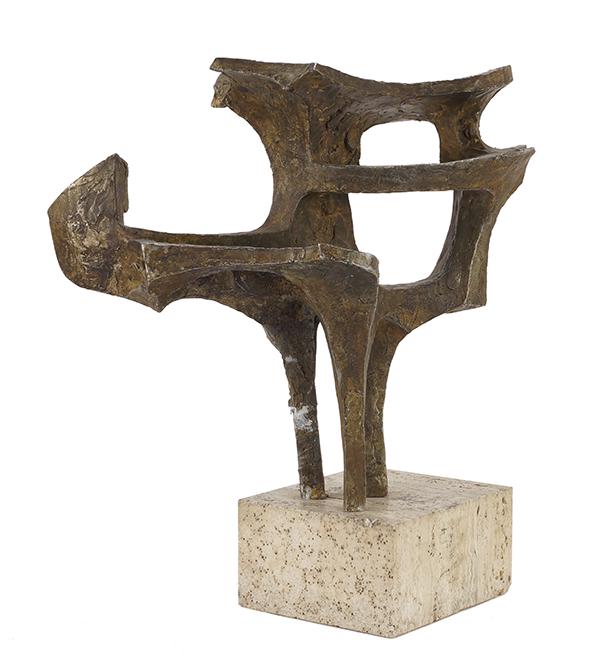 RIEN GOENE (20TH CENTURY) RUIMTE STATION.: Unsigned, set on a travertine base, Provenance: Guildhall Galleries, Chicago, 1983 Sculpture height: 20" Overall height: 25"
