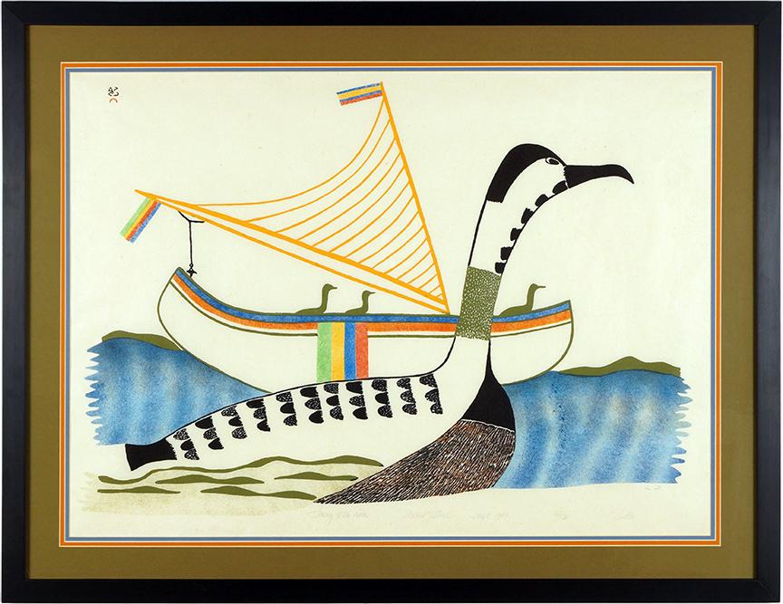 Pudlo Pudlat (Inuit, 1916-1992) Journey of the Loon.: Pudlo Pudlat (Inuit, 1916-1992) Journey of the Loon. Stonecut and stencil print, edition 27/50. Pencil titled, signed and annotated "Dorset 1983" Sight: 24" x 33" Frame: 31" x 40"