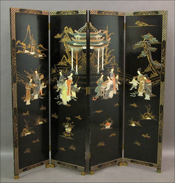 CHINESE LACQUER, PAINTED AND HARDSTONE INLAID F: CHINESE LACQUER, PAINTED AND HARDSTONE INLAID FLOOR SCREEN. 72.5" x 18" each panel