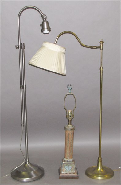 BRUSHED STAINLESS STEEL FLOOR LAMP.: BRUSHED STAINLESS STEEL FLOOR LAMP. Together with a brass floor lamp, and a painted metal table lamp Stainless steel lamp: 55" x 15" Brass lamp: 41" x 17" Table lamp height: 21"