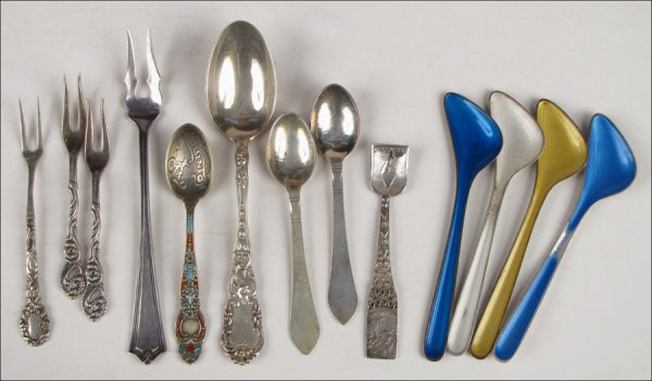 TWO GEORG JENSEN STERLING SILVER DEMITASSE SPOO: TWO GEORG JENSEN STERLING SILVER DEMITASSE SPOONS. Together with four J. Tostrup sterling silver and enamel caviar spoons, three sterling silver two-tine butter picks, one sterling silver oyster fork,